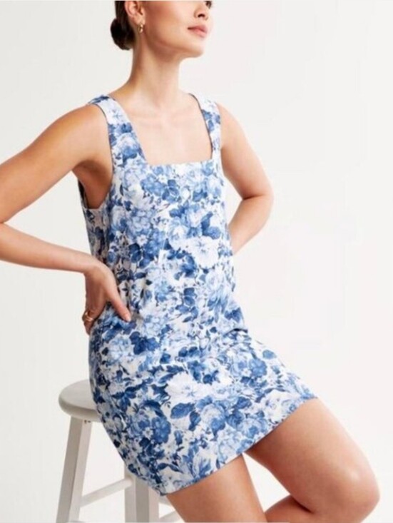 Abercrombie & Fitch Dresses & Skirts - Abercrombie & Fitch Linen Wide Strap Mini Dress Square Neck Blue White XLT